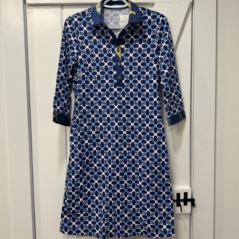 J Mclaughlin Elena Dress XS Blue Essex Geo NWT $228 Catalina‎ Stretch 1/2 Button